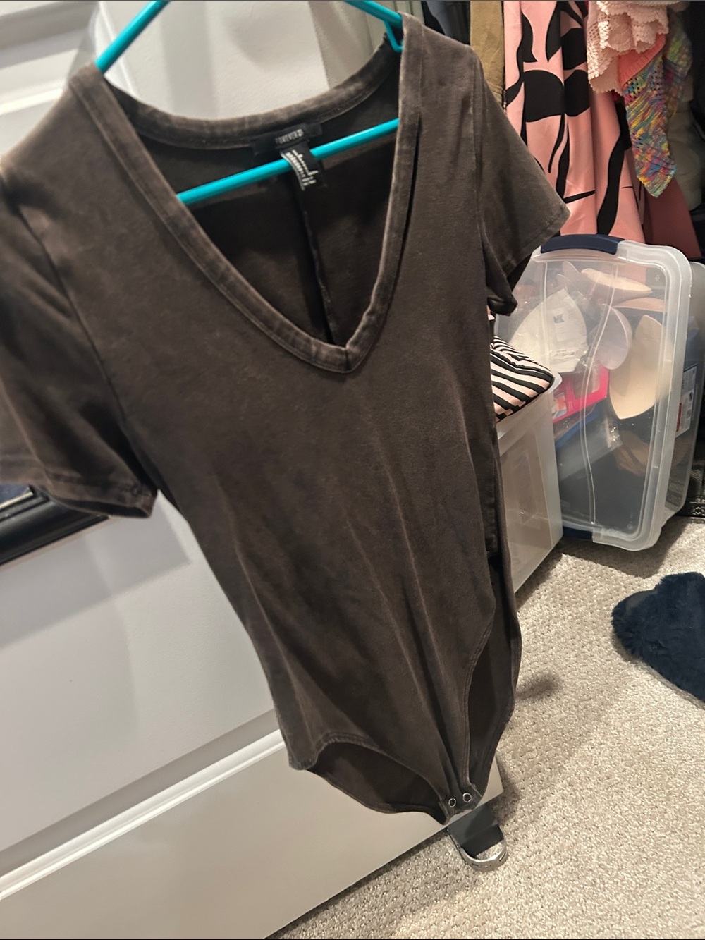 Forever 21 distressed Brown / black V-Neck Short Sleeve Bodysuit